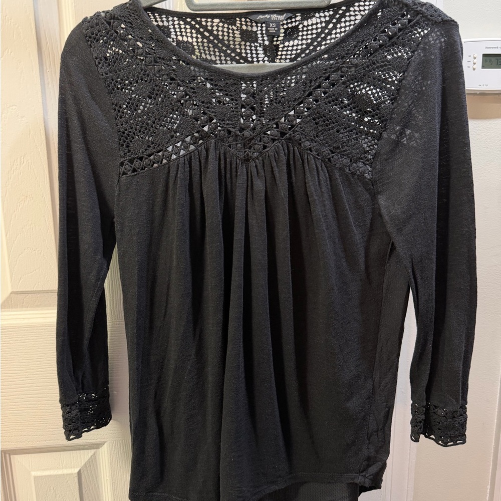 Lucky Brand Black Long-Sleeve Top with Crochet Yoke